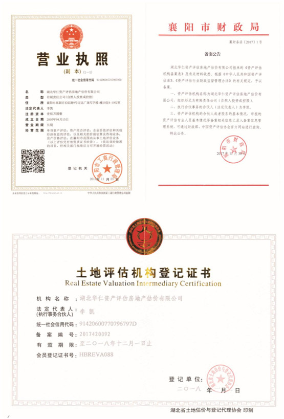 華仁資產(chǎn)評(píng)估房地產(chǎn)估價(jià)有限公司營業(yè)執(zhí)照、資產(chǎn)評(píng)估備案公告、土地評(píng)估機(jī)構(gòu)登記證書.jpg